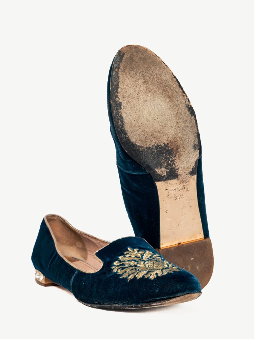 Miu Miu PF12 Blue Velvet Embroidered Crystal-Heel Loafers - Picture 5 of 9